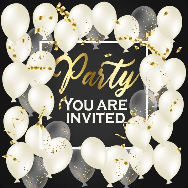 balloon Party Invitation. Happy birthday banner. Gold Heart transparent balloon on background. Birthday invitation party, balloons for event, wedding, decor, design. Wedding decorations.