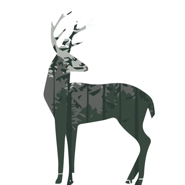 Silueta de un ciervo con bosque de pinos — Archivo Imágenes Vectoriales