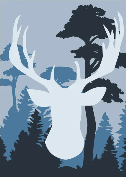 Силуэт оленя с сосновым лесом — стоковый вектор