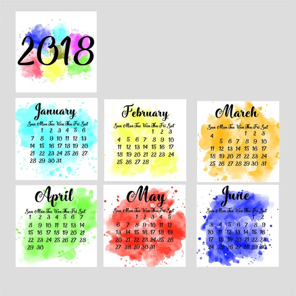 Масштабируемый векторный календарь на 2018 год. Каждый из двенадцати месяцев и обложка представлена на соответствующей яркой акварельной текстуре. Есть место для текста и логотипов — стоковый вектор