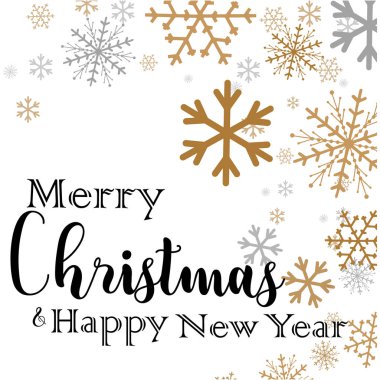 Neşeli Noel yazı ile altın ve gümüş süs eşyaları ve çelenk dekorasyon yıldız, kar taneleri. Yeni Yılınız Kutlu Olsun