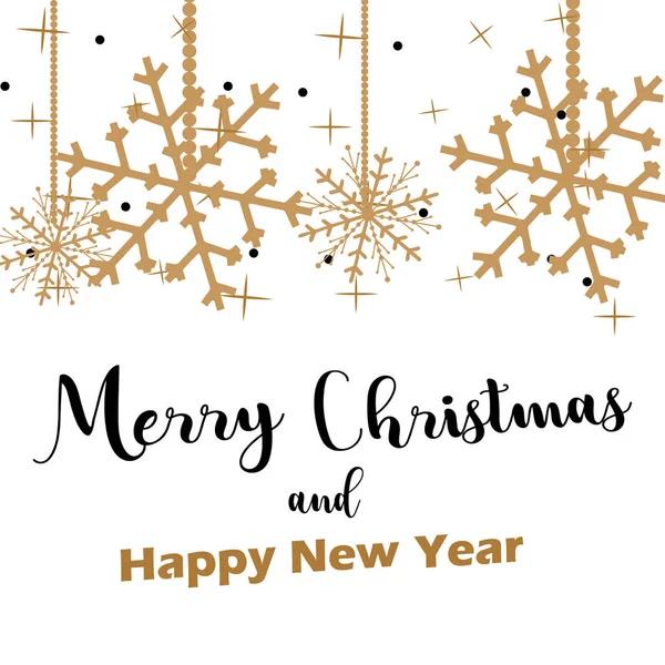 Merry Christmas belettering met gouden en zilveren ornamenten en krans decoratie van sterren, sneeuwvlokken. Gelukkig Nieuwjaar — Stockvector