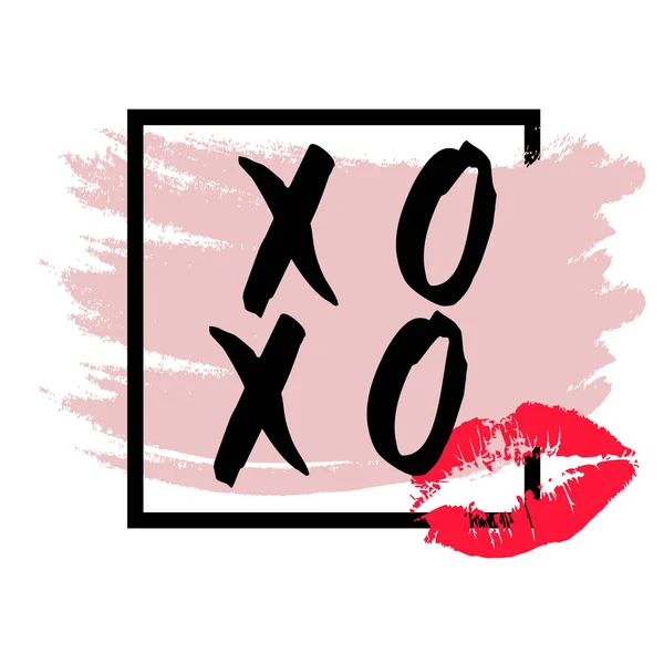 XOXO abraza y besa con letras de pincel y besos de lápiz labial sobre un fondo blanco. Vector . — Vector de stock