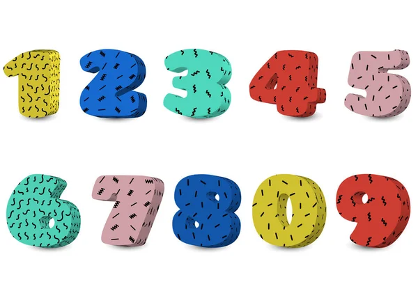 Números de estilo Memphis, conjunto de dígitos vectoriales. Coloridas figuras vectoriales , — Vector de stock