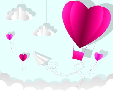 aşk davetiye kartı Sevgililer günü arka plan metin sevgi ve genç neşeli, bulutlar, kağıt ile pembe kalp kesti. Vektör