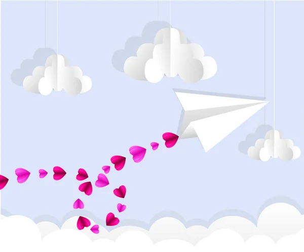 Origami papírové letadlo. Přerušovaná čára na obloze. Love karta. Vektor — Stockový vektor