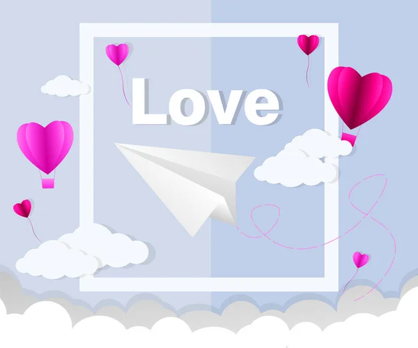 Любов запрошення картку Валентина абстрактним фоном з тексту любові і молодий радісний, хмари, паперу вирізати рожеве серце. Вектор — стоковий вектор