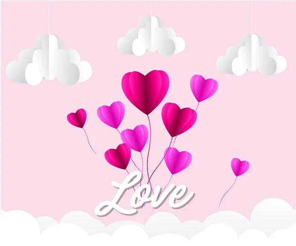 Alla hjärtans dag, Illustration av kärlek, luftballong i ett hjärta form flyger på himlen, papper konst — Stock vektor