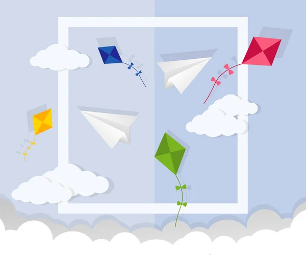Papieren vliegtuigje en kite in de lucht. Cartoon platte vectorillustratie. Objecten geïsoleerd op een — Stockvector