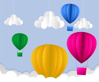 bulutlar, güneş ve sıcak hava balon origami sky.paper sanat tarzı üzerinde gökyüzü üzerinde uçan çizimi.
