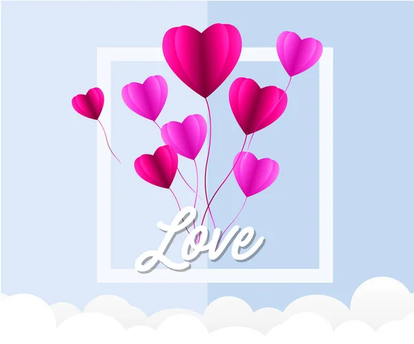 Amor Tarjeta de invitación Día de San Valentín fondo abstracto con texto amor y joven alegre, nubes, papel cortado corazón rosa. Vector — Archivo Imágenes Vectoriales