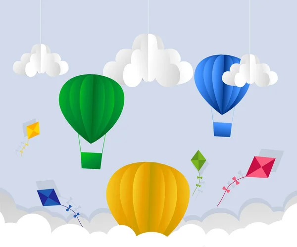 Illustration von Wolken, Sonnen und Heißluftballon Origami fliegen am Himmel auf dem sky.paper Art Stil. — Stockvektor