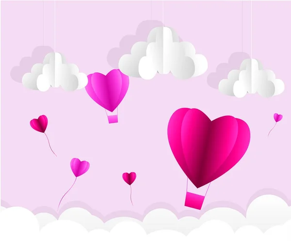 День Святого Валентина, Иллюстрация любви, Воздушный шар в форме сердца, летающий по небу, бумажное искусство — стоковый вектор