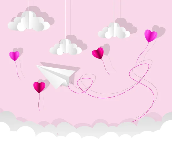 Origami paper plane. Dash line in the sky. Love card. Vector — Stock Vector