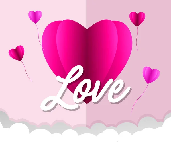 Amor Tarjeta de invitación Día de San Valentín fondo abstracto con texto amor y joven alegre, nubes, papel cortado corazón rosa. Vector — Archivo Imágenes Vectoriales