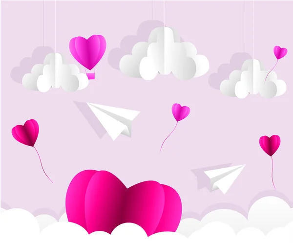 Kärlek inbjudan kort Alla hjärtans dag abstrakt bakgrund med texten love och ung joyful, moln, papper skära rosa hjärta. Vektor — Stock vektor