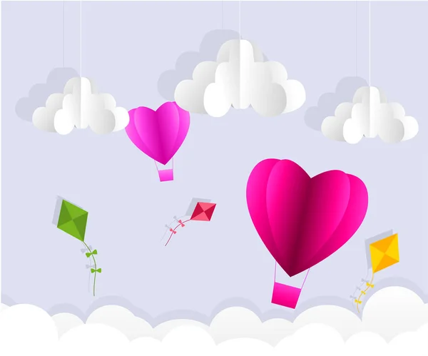 Love Invitation card Valentine 's day abstract background with text love and young joyful, clouds, paper cut pink heart. Вектор — стоковый вектор