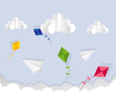 Kağıt Uçak ve uçurtma gökyüzünde. Düz vektör çizim karikatür. Nesneleri izole bir