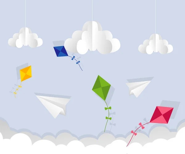 Papieren vliegtuigje en kite in de lucht. Cartoon platte vectorillustratie. Objecten geïsoleerd op een — Stockvector