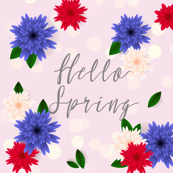 Hola primavera, tarjeta de felicitación floral, flores de papel. Banner con flores de papel realistas. Ilustración vectorial — Archivo Imágenes Vectoriales