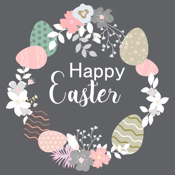 Hand drawn vector greeting card. Happy Easter day wreath. Colorful easter eggs, spring flowers, blossom. — Stock Vector