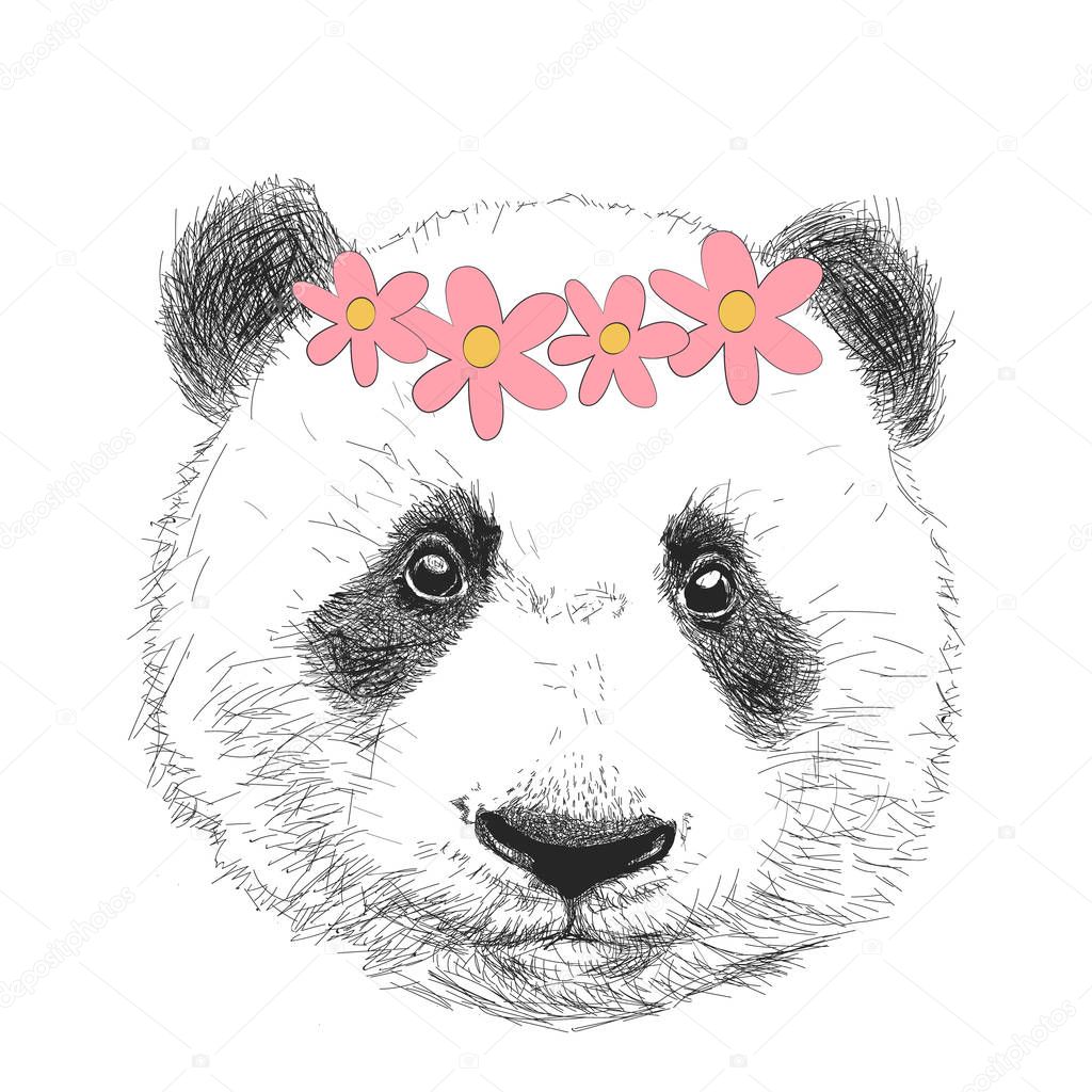 Funny panda in a flower wreath. Vector