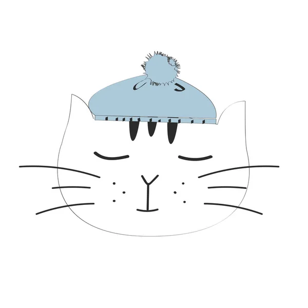 Χέρι διανυσματικά εικονογράφηση ενός προσώπου χαριτωμένο αστείο γάτα σε ένα πλεκτό καπέλο, κασκόλ, κείμενο — Διανυσματικό Αρχείο