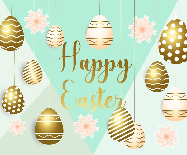 Happy easter template with gold ribbon and eggs, frame, green background and gold confetti — Stock Vector