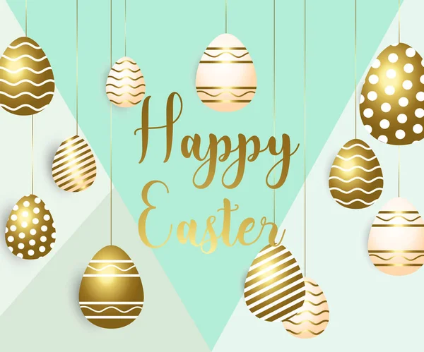 Happy easter template with gold ribbon and eggs, frame, green background and gold confetti — Stock Vector