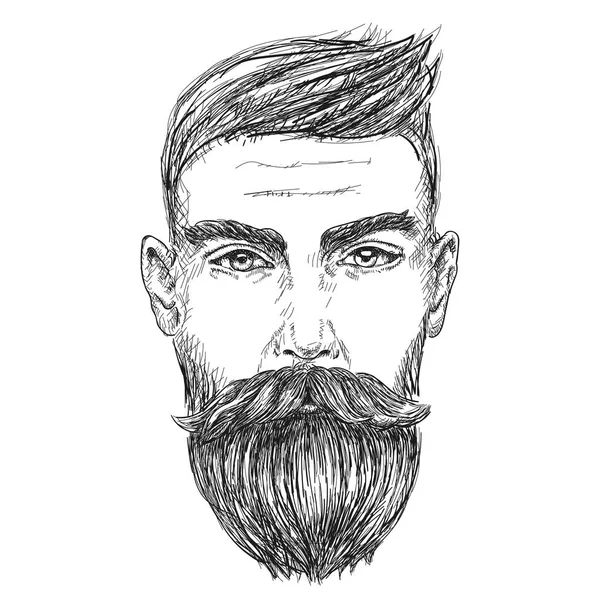 Portrait dessiné à la main de l'homme barbu plein visage . — Image vectorielle