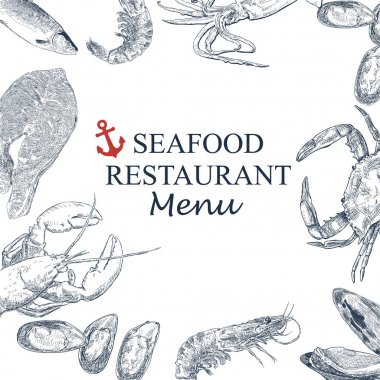 Vintage deniz ürünleri çerçeve vektör çizim. Elle mürekkeple çizilmiş.