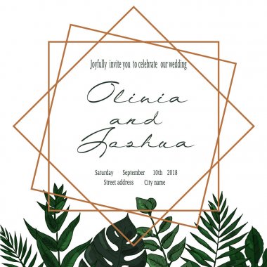 Vektör düğün davet davet tarihi çiçek kartı tasarım kaydedin. Yeşil fern, orman otlar bırakır.,