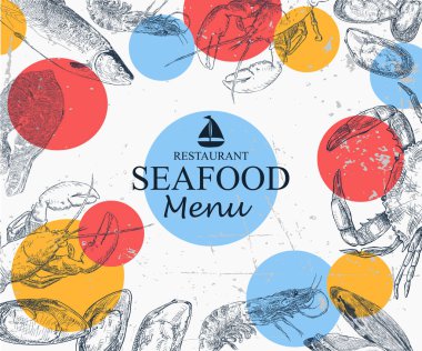 Vintage deniz ürünleri çerçeve vektör çizim. Elle mürekkeple çizilmiş.