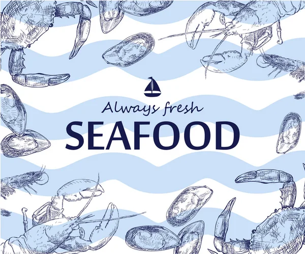 Salmón, filete de atún, cangrejo, mejillones, ostras, gambas, camarones , — Vector de stock