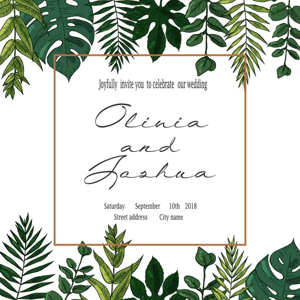 Vector bröllop inbjudan inbjudan Spara datum blommig Kortdesign. Grön ormbunke, skogen lämnar örter, grönska växt mix. — Stock vektor