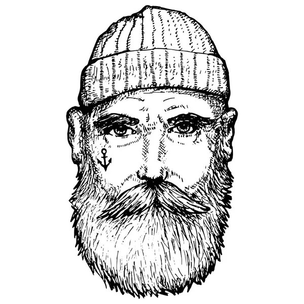 Marinheiro hipster vintage desenhado à mão com barba grossa — Vetor de Stock