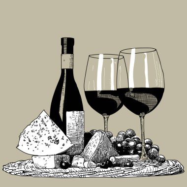 Şarap elle çizilmiş ayarlayın. Bir şişe şarap, bir bardak, bir tirbuşon ve üzüm demet