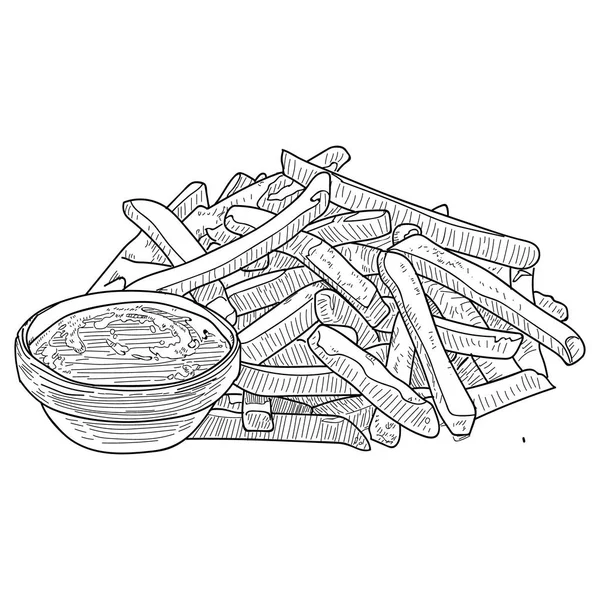Pommes-Skizze, handgezeichnete Vektorillustration für Fast Food. Pommes in der Verpackung und lose. — Stockvektor