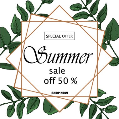 Satış afiş, poster palmiye yaprakları, orman yaprağı ve el yazısı yazı ile. Çiçek tropikal yaz arka plan.