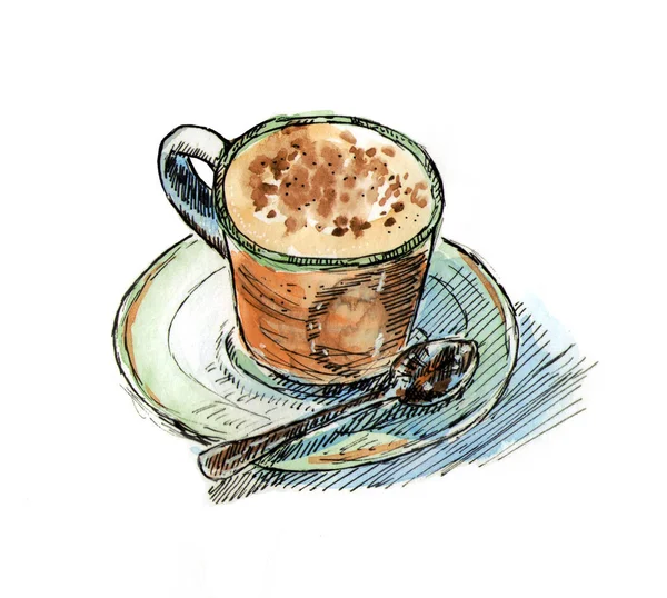 Cup Cappuccino Hand Drawn Watercolor — Stock Photo, Image