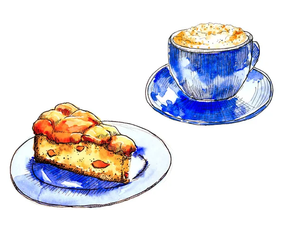 Snídaně Šálek Cappuccino Kousek Koláče Ručně Tažené Akvarel — Stock fotografie