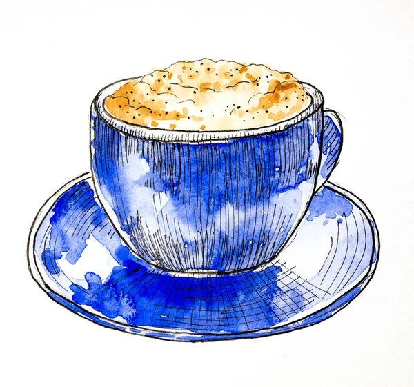 Šálek Cappuccino Ručně Tažené Akvarel — Stock fotografie
