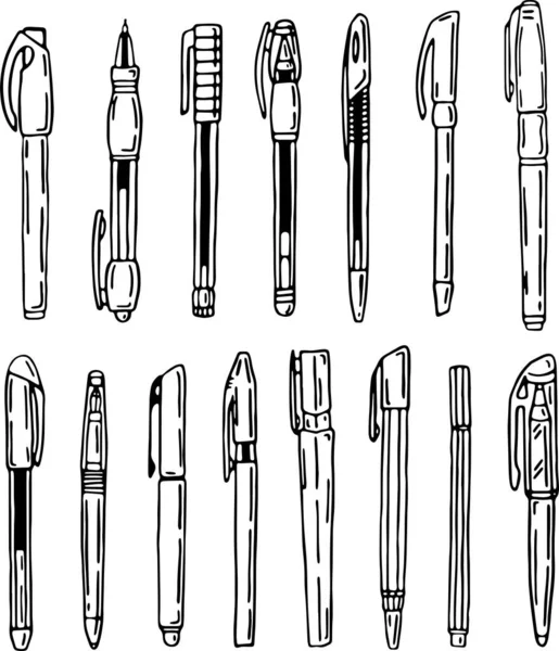 Conjunto Canetas Diferentes Vetor Desenhado Mão — Vetor de Stock