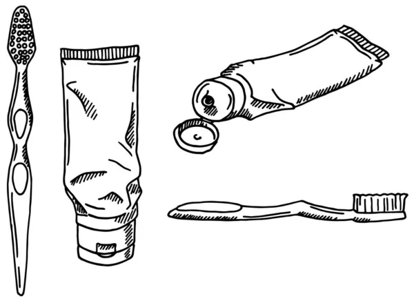 Par Pasta Dente Escovas Desenho Animado Ilustração Vetorial Desenhada Mão — Vetor de Stock