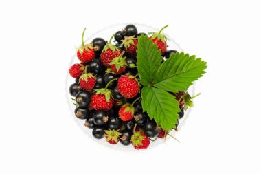 Siyah frenk üzümü ve çam çilek - yaz yiyecek. Yabani çilek bir yaprak ile dekore edilmiş bir cam kaba. İzole. Üstten Görünüm 