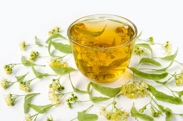 Ihlamur soğuk limon çiçekleri ile şeffaf bir fincan çay. Beyaz arka plan. Yan görünüm