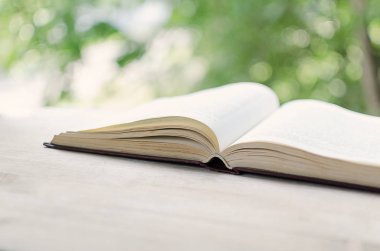 Açık pencerenin önünde kitap açın. Eğitim, gelişim ve öğrenme kavramı