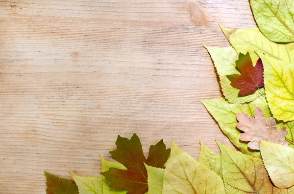 Stare płyty drewniane liście jesienne tło - żółty i czerwony. Kopiować miejsca. Widok z góry — Zdjęcie stockowe