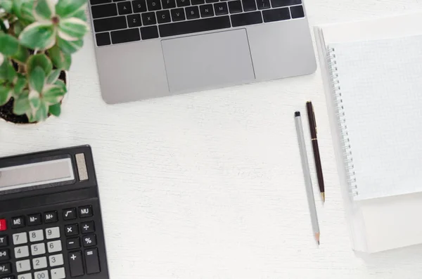 Tempat kerja di kantor - meja dengan laptop, kalkulator, tumpukan kertas, notebook, pena dan tanaman hijau. Salin ruang . — Stok Foto