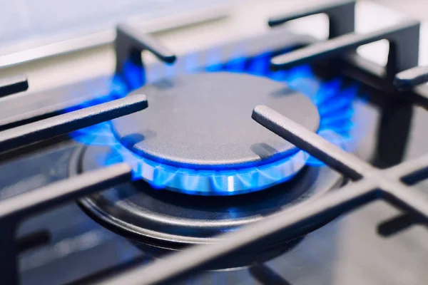 Burning gas burner on the stove.  Photo with shallow depth of focus.